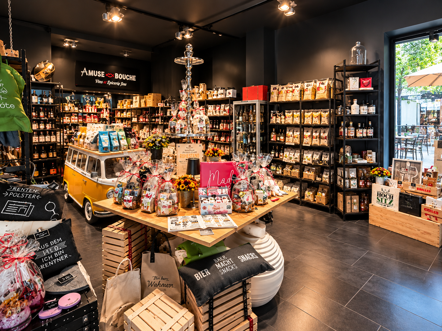 Espace cadeaux et produits gourmets présentés sur la table centrale du magasin Amuse-Bouche