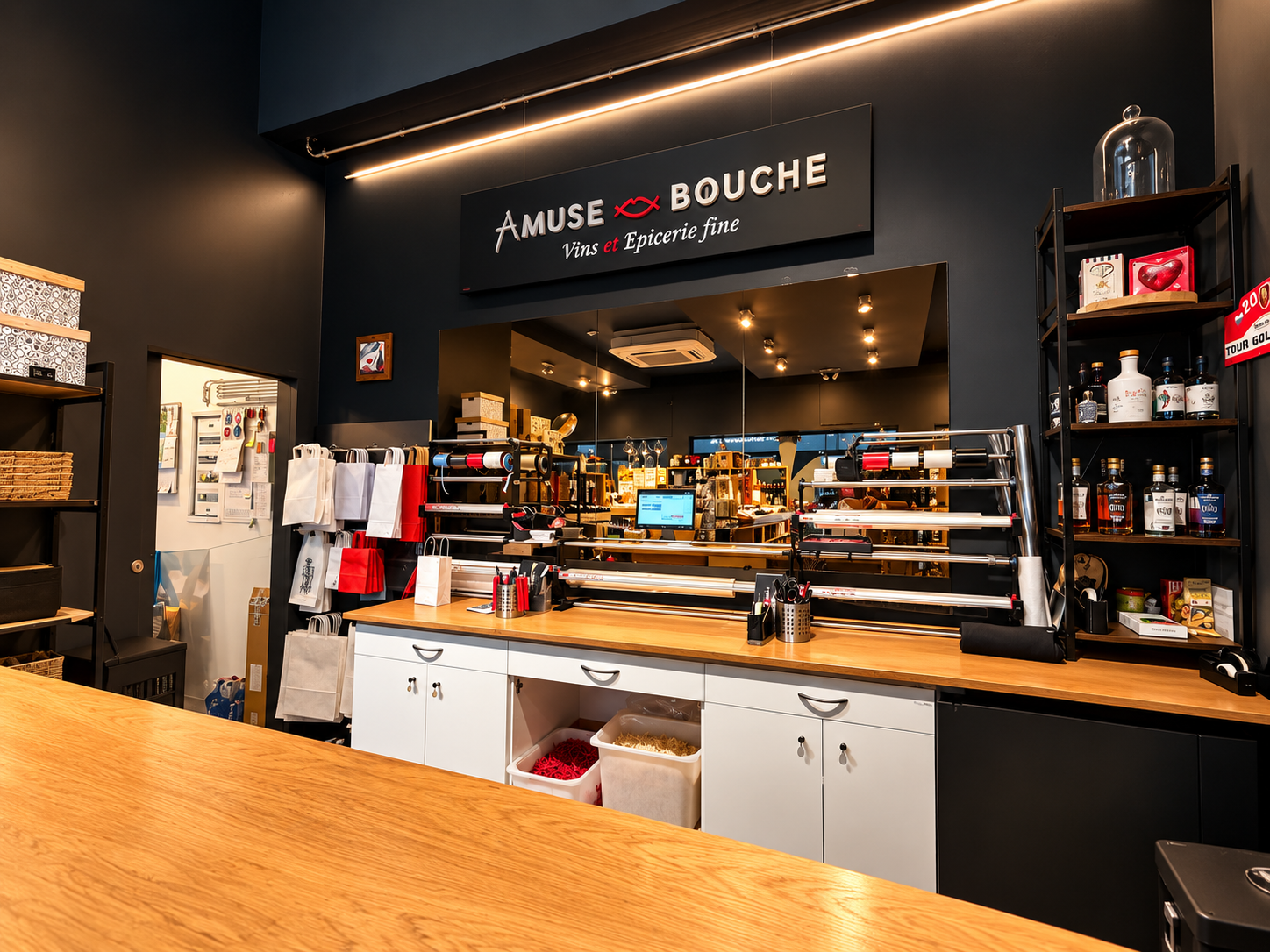 Comptoir et espace de préparation des corbeilles du magasin Amuse-Bouche